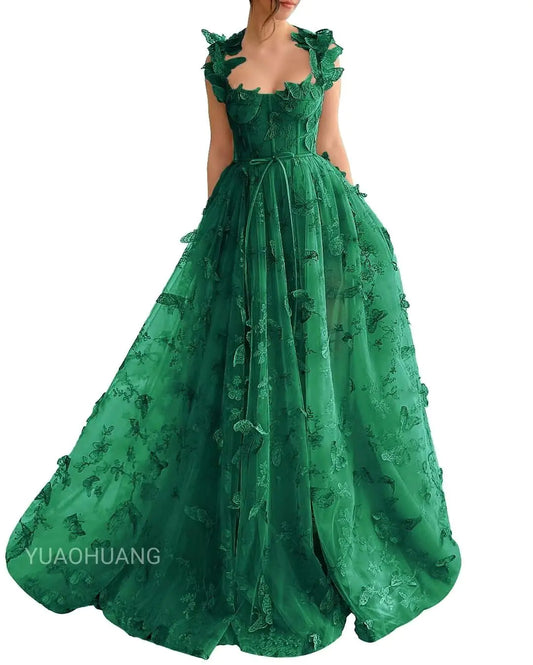 YUAOHUANG Emerald Green Butterfly Wedding Dress for Women Fairy Prom Gown Corset Long Tulle 3D Butterfly Wedding Dresses for Teens Lace Applique Dress Women Tulle Dress Ball Gown US Size 14