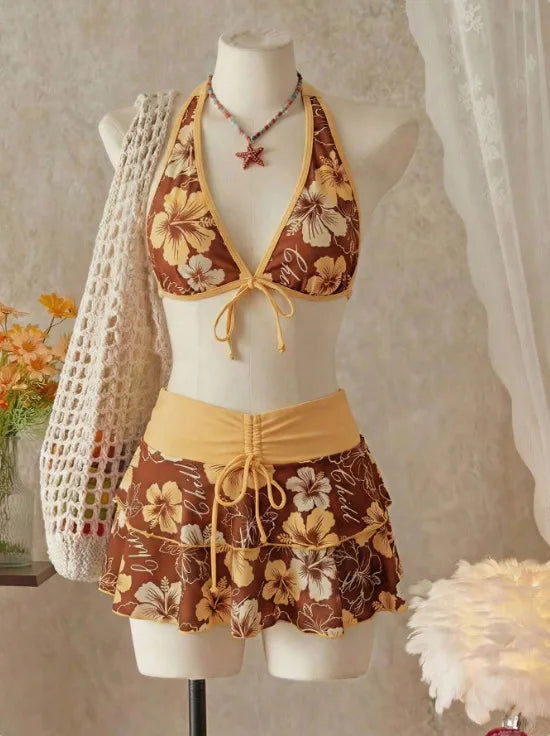 Vintage Pink Floral Print Contrast Bikini Set 2026 Women Drawstring Side Skirt 3 Piece Swimsuit Holiday Bathing Suit Swimwear - Coffee -