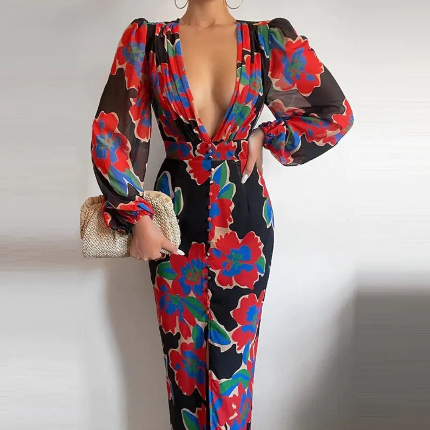 Ladies Button V-Neck Slit Dress - Kia Day Design