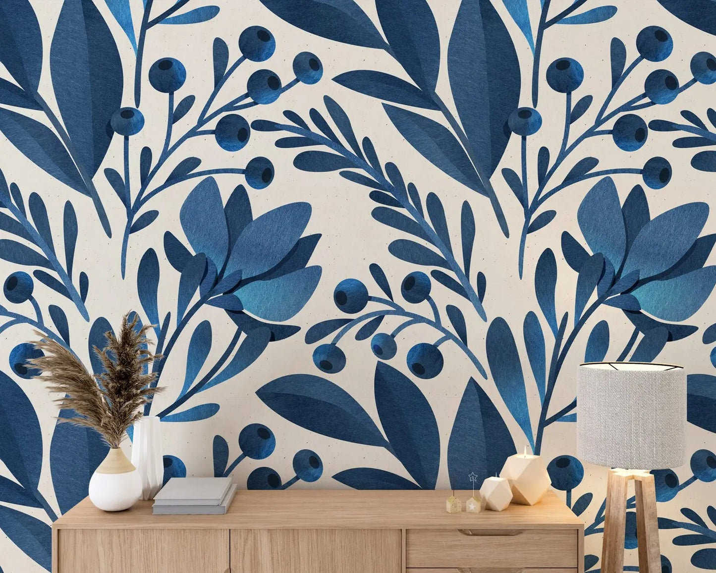 Blue Watercolor Floral Pattern Peel and Stick Wallpaper Kia Day Design