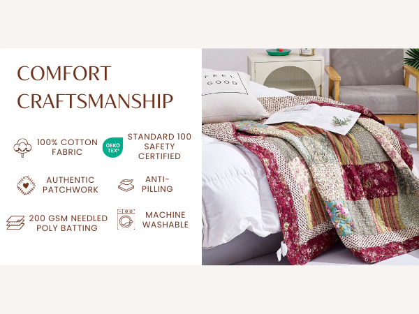Tache Fairy Tale Tea Party Beige Burgundy Paisley Floral Cotton Patchwork Quilted Throw Blanket (DXJ103443) - - Blanket