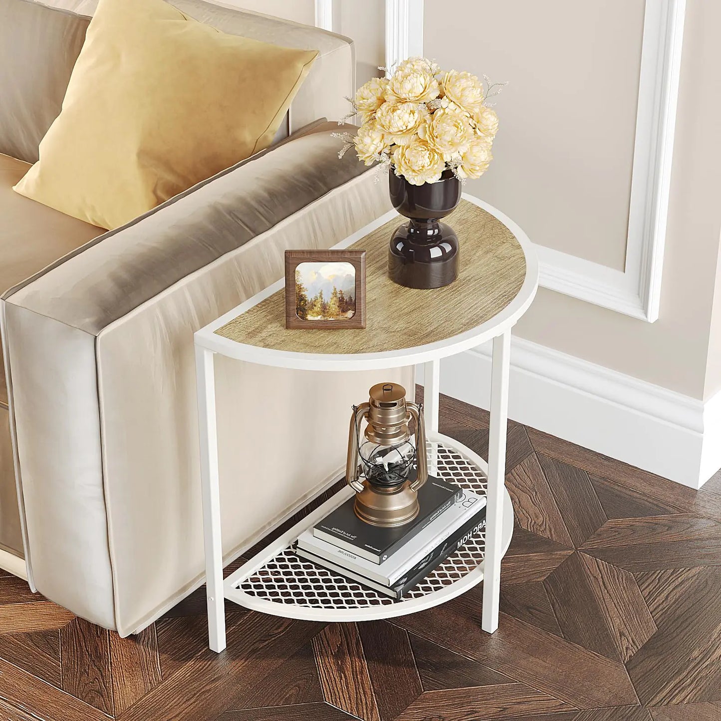 White Half Moon Side Table with Storage Shelf Adjustable Feet - Kia Day Design