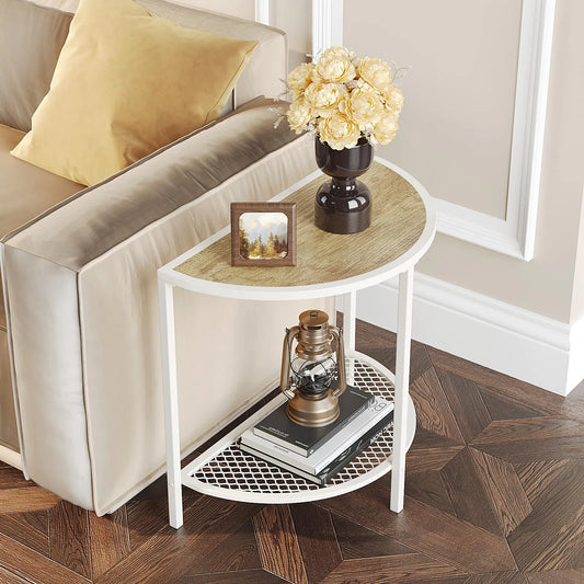 White Half Moon Side Table with Storage Shelf Adjustable Feet - Kia Day Design