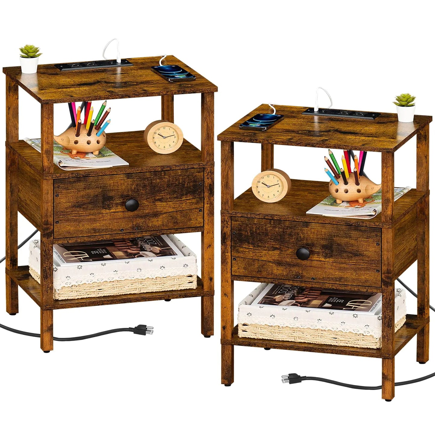 Lerliuo 3-Tier Storage End Table Set with Charging Station and USB Ports - - table