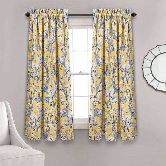 Yellow Toile - Floral Bird Print Curtain Set - Kia Day Design