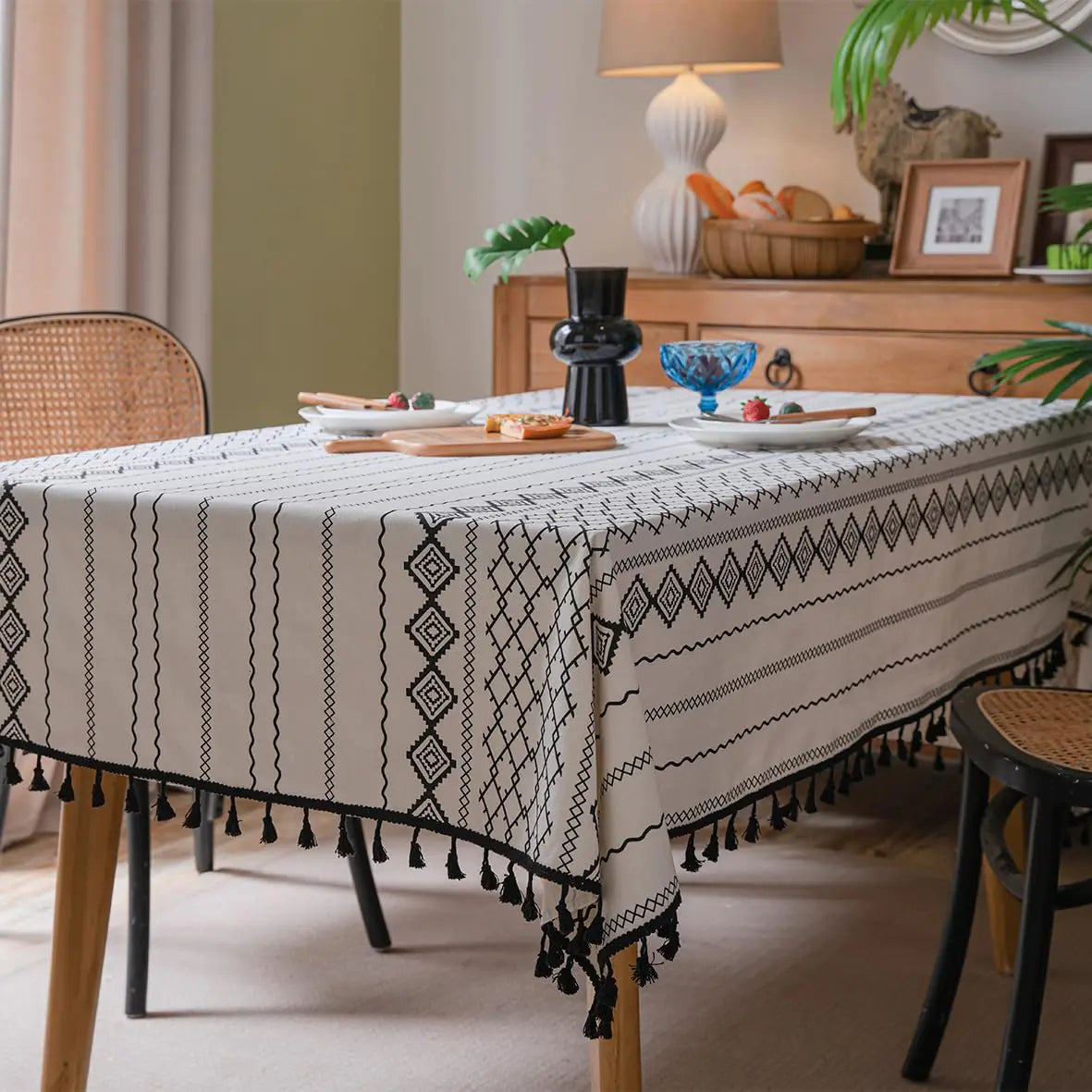 White Cotton Linen Tablecloth with Black Tassels - Kia Day Design