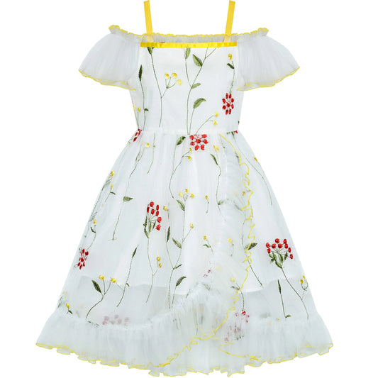 Girls Off Shoulder Flower Embroidered Ruffled Party Dress - - dress