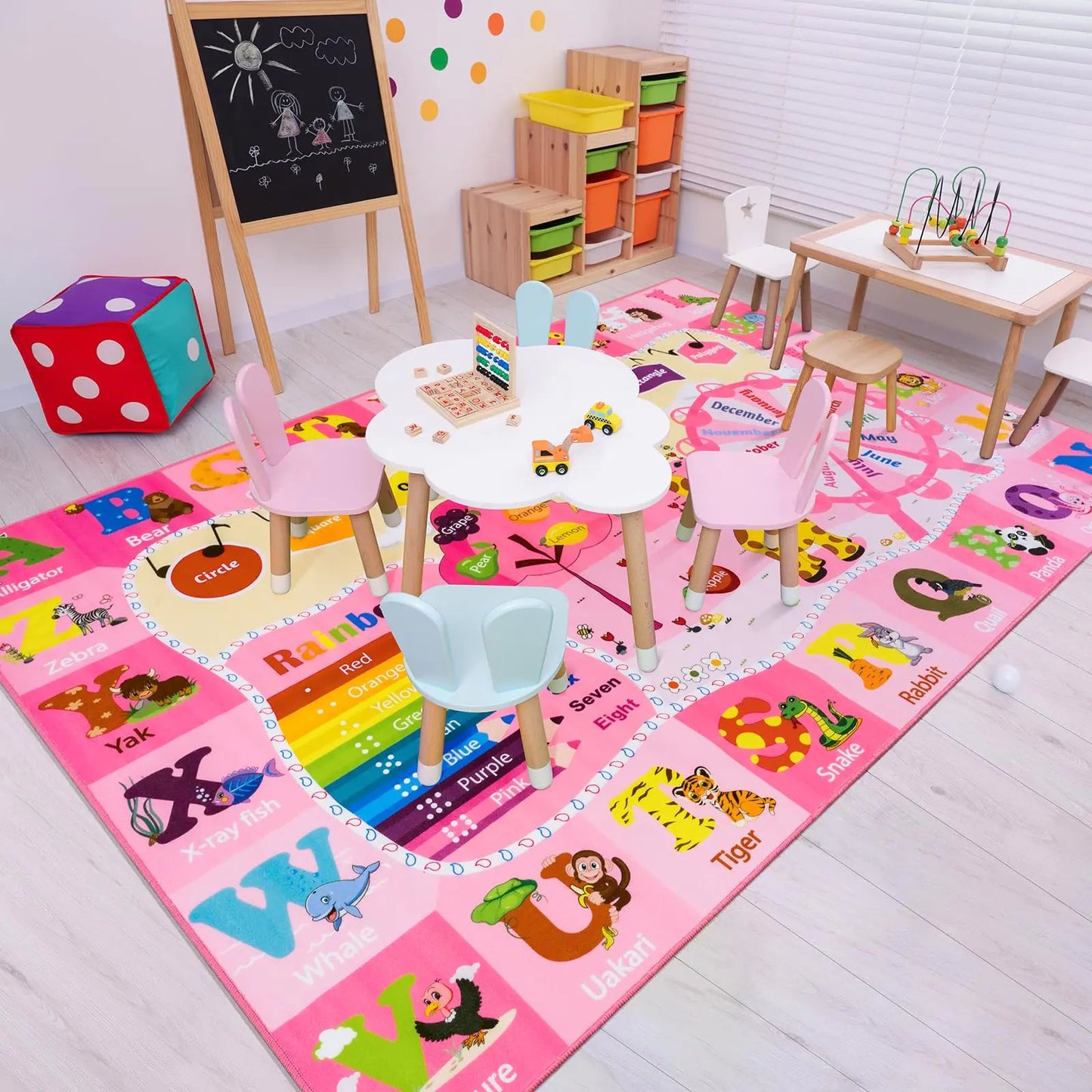 Kids 5x7 Pink ABC Alphabets Animals Shapes No-Slip Washable Rug - Kia Day Design