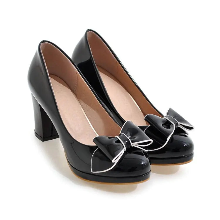 Womens Bowknot Chunky Heel Shoes - - heels