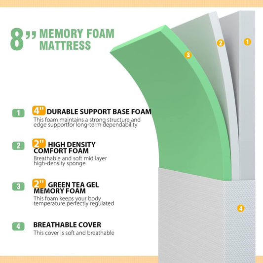 Twin size 8-inch Thick Medium Firm Cool Gel Memory Foam Mattress - - Bedroom > Mattresses