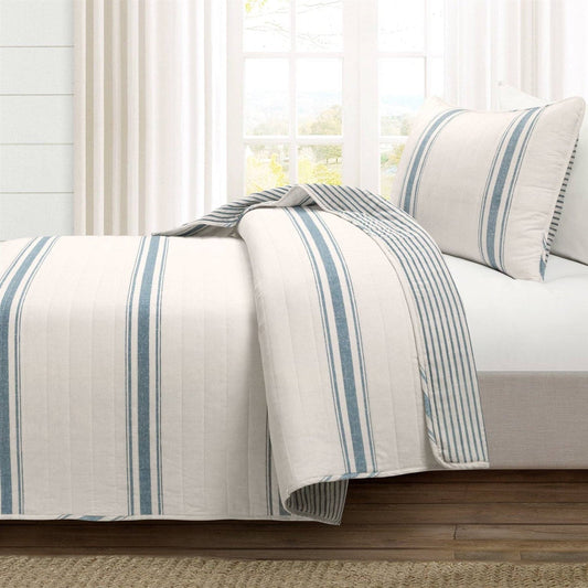 Twin/Twin XL Blue Off-White Stripe 2 Piece Reversible Cotton Quilt Set - - Bedroom > Quilts & Blankets