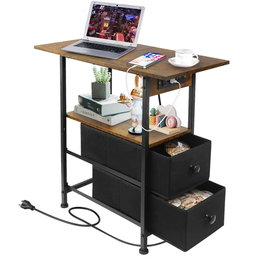 2 Drawer Narrow Side Table with USB and Type-C Ports - Kia Day Design