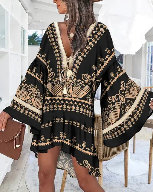 Spring V Neck Floral Sleeve Long Dress - Kia Day Design