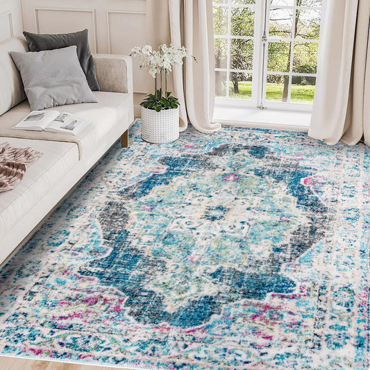 Light Blue Soft Non Slip Washable Low Pile Rug - Kia Day Design