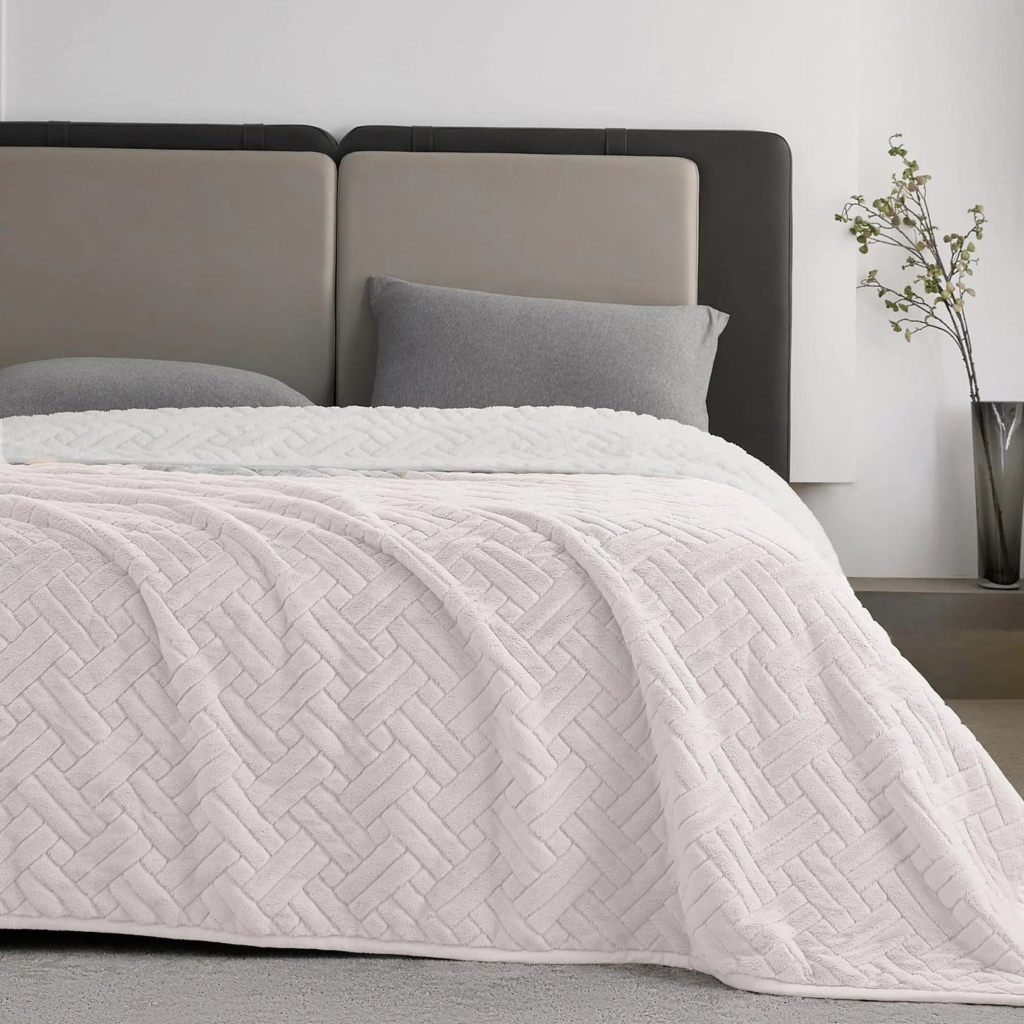 KORBLISS Faux Fur Queen Quilt Blanket for Couch 480GSM Fuzzy Soft and Warm Coverlet Light Weight Quilted Blanket for Sofa Chair Bed Bedroom 90x90 InchesLight Taupe Interwoven Kia Day Design