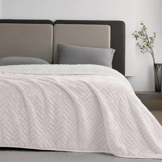 KORBLISS Faux Fur Queen Quilt Blanket for Couch 480GSM Fuzzy Soft and Warm Coverlet Light Weight Quilted Blanket for Sofa Chair Bed Bedroom 90x90 InchesLight Taupe Interwoven Kia Day Design