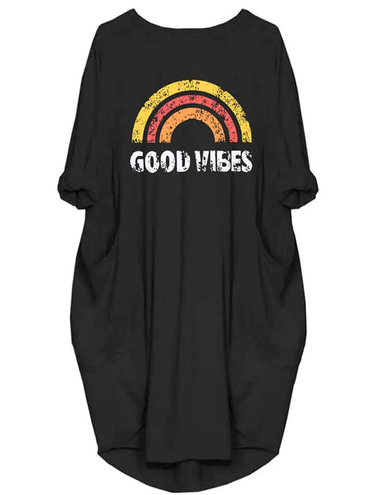 Womens Dress Good Vibes Rainbow Print Casual Long Sleeve Round Neck with Pockets Loose Tops X-Large Kia Day Design