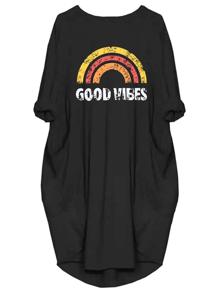 X-Large Good Vibes Rainbow Print Casual Long Sleeve with Pockets Loose Top - - Women's Fashion - Women's Clothing - Tops & Tees