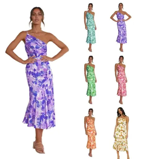 Elegant Floral One-Shoulder Midi Dress Kia Day Design