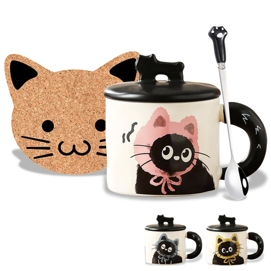 MengCat Cute Cat Coffee Mugs Kawaii Black Mugs with Kitty Spoon Coaster Set - - mugs