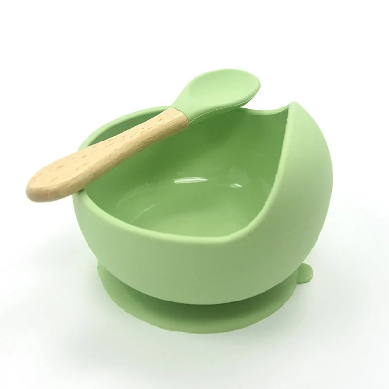 Baby Silicone Feeding Set with Wooden Handle Spoon Green