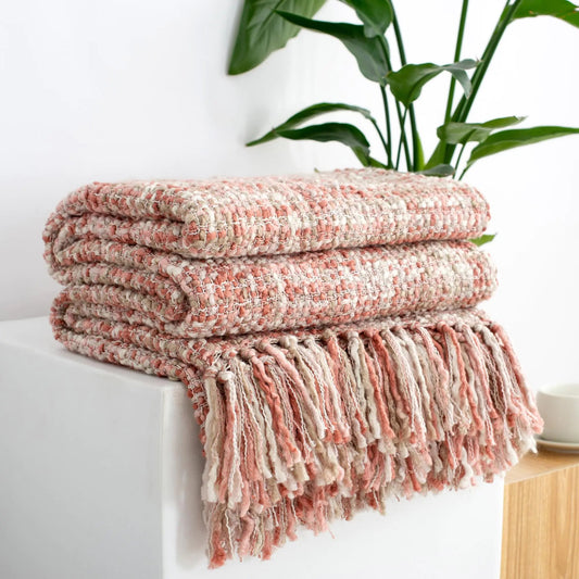 Light Pink Cable Knit Textured Chunky Knit Throw Blanket - Kia Day Design