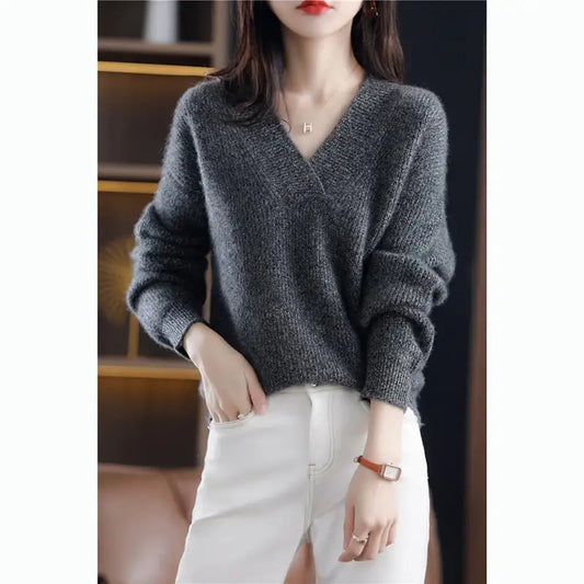 New Women's V Neck Loose Knitted Sweater