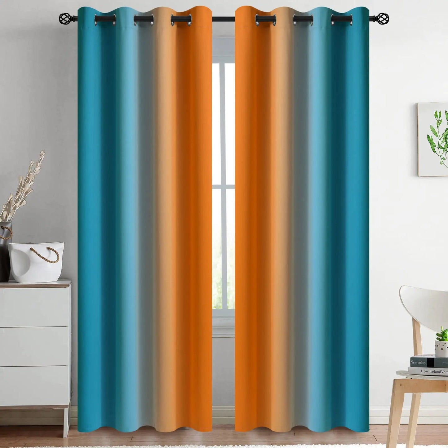 Orange and Blue Ombre Gradient Room Darkening Curtains Grommet 52 x 84 Inch 2 Panels - Kia Day Design
