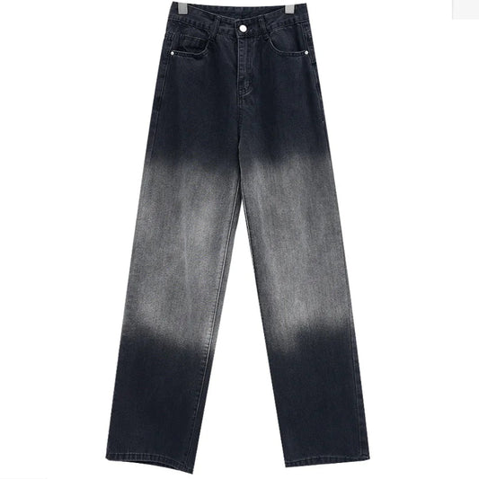 High Waist Black Washed Gradient Straight Leg Jeans - - jeans