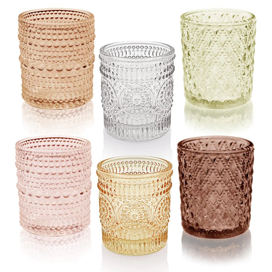 12 pcs Glass Votive Candle Holders 6 Colors 3 Patterns Tealight Candle Holders for Fall Wedding Table Centerpiece Birthday Decoration - -