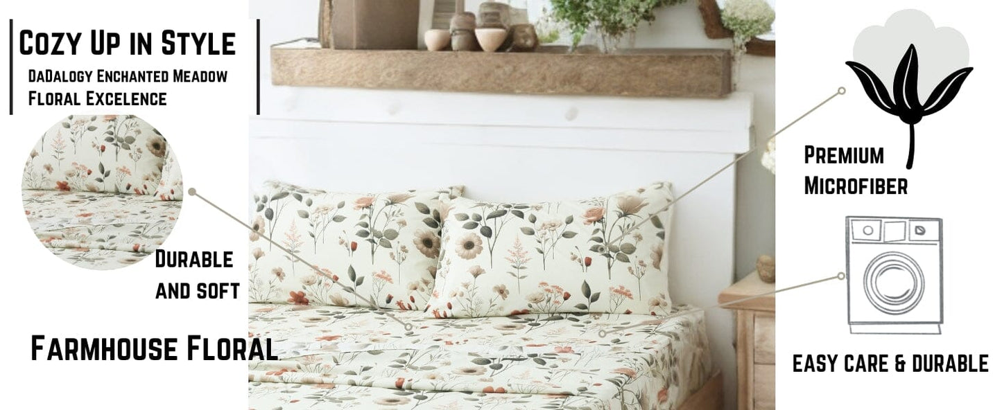 DaDalogy Enchanted Meadow Bed Sheet Set - Floral Harmony in Beige, Rose, and Soft Green, Premium Soft Microfiber, Machine Washable, Deep Pocket 14 - 15 Inches + Flat Sheet- DaDalogy Bedding Collection- {{Product type}}