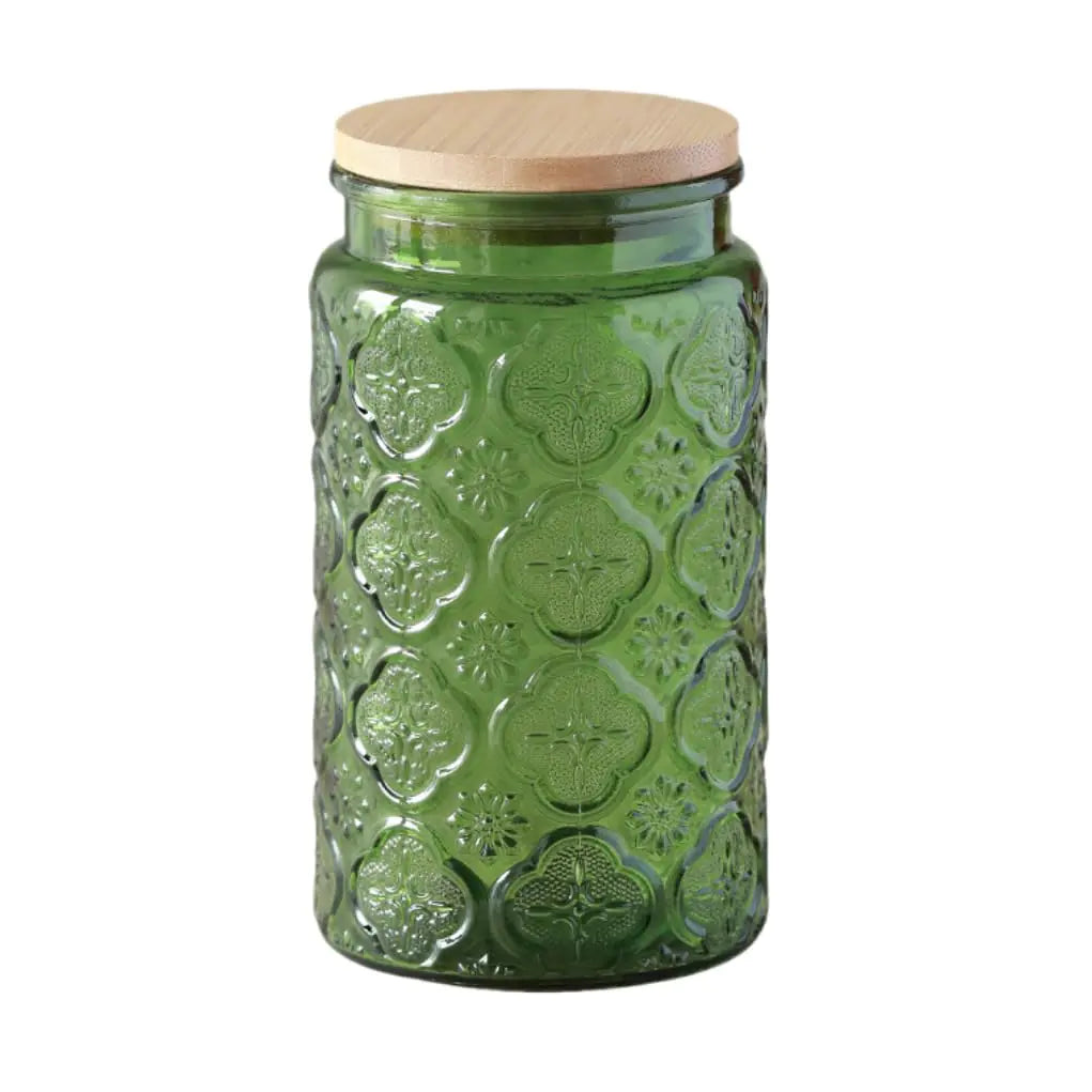 Green Begonia Glass Canister Candy Jar with Lid 34 FL OZ Decorative Jar - Kia Day Design