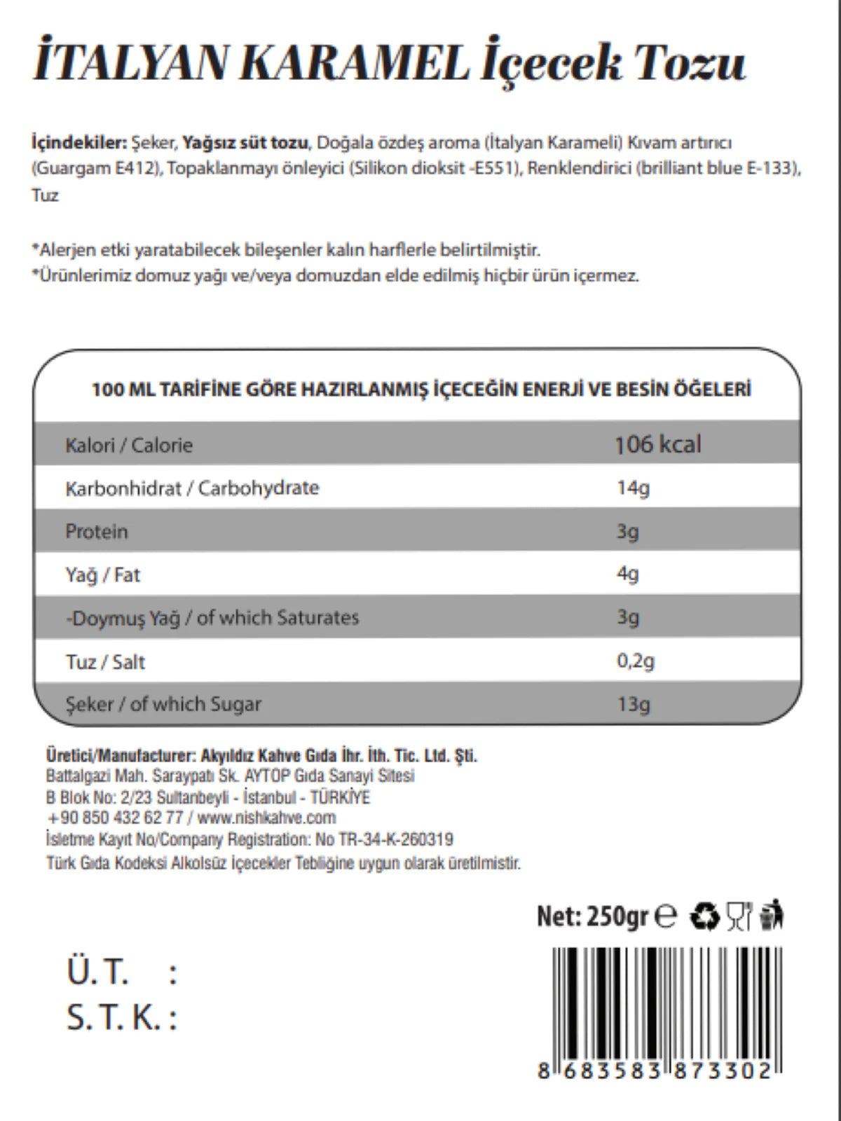Nish Flavored Powder Drink Italian Caramel 250 Gr - Kia Day Design