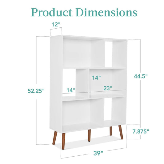 Mid Century Modern Style Bookcase Storage Shelving Unit in White Wood Finish - - Living Room > Bookcases