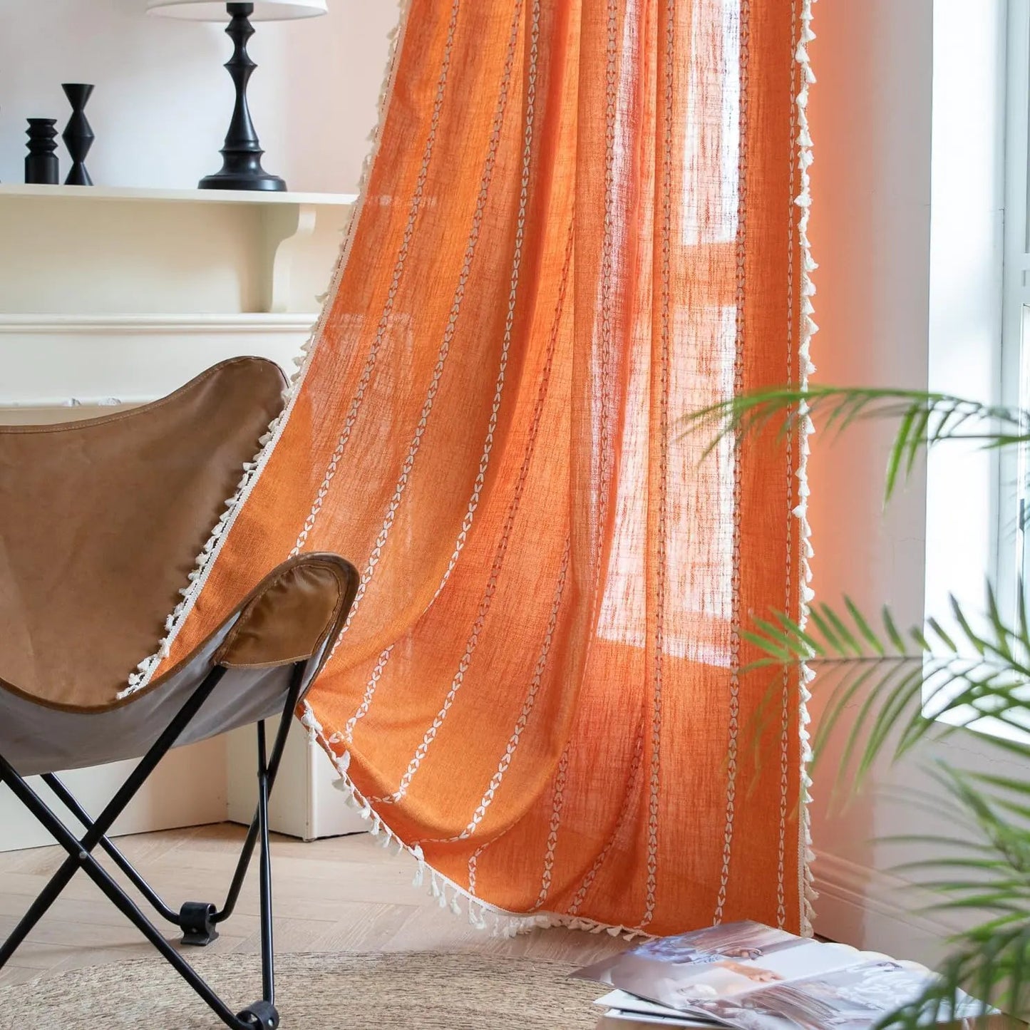 Burnt Orange Light Filtering Linen Curtains 96 inches Long 2 Panels - Kia Day Design