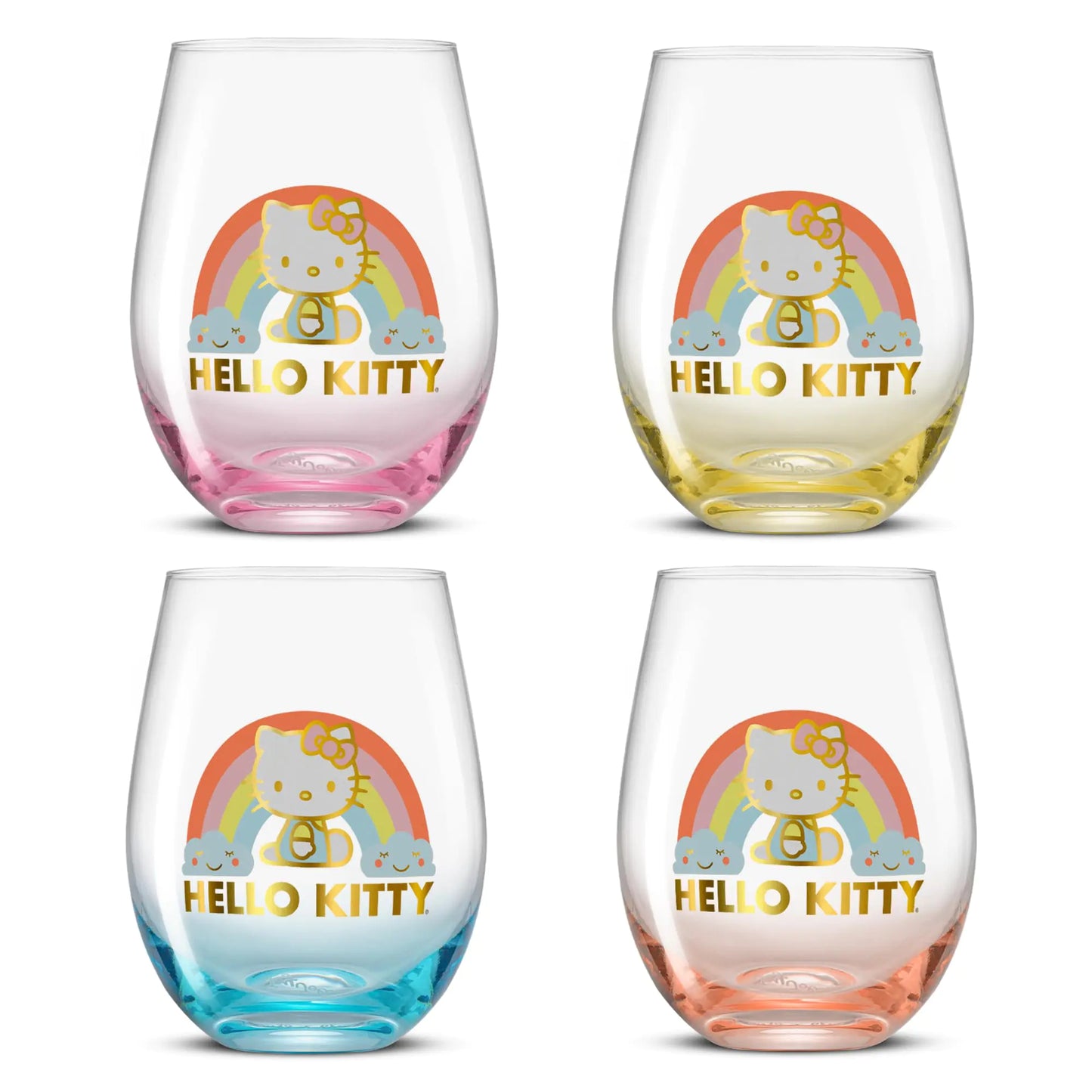 JoyJolt Hello Kitty Sweet Rainbow Stemless Drinking Glasses Set of 4 19oz Glass Cups Kawaii Kitchen Glassware Sets Sanrio Hello Kitty Merch Teardrop Tumblers for Water Juice Coffee Iced Tea Kia Day Design