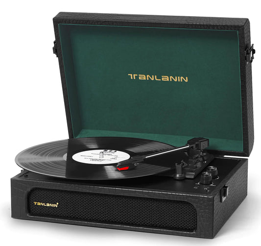 Black Portable Bluetooth Record Player with Built-in Speakers Bass Treble Gain - Kia Day Design