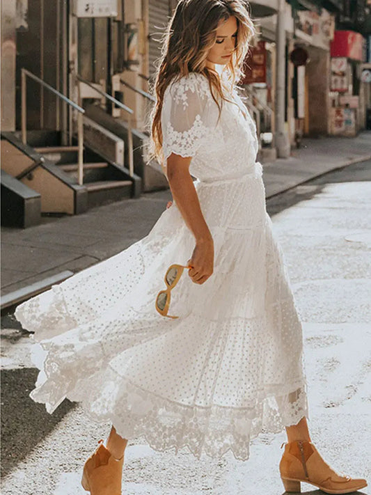 Hollow Out White Lace Long Dress - Kia Day Design