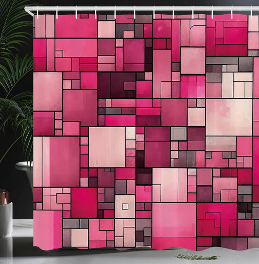 Ambesonne Pink Shower Curtain Blushy Illustration of Y2K Designed Squares Abstract Futuristic Geometry Cloth Fabric Bathroom Decor Set with Hooks 69" W x 84" L Magenta Dried Rose Rose Kia Day Design