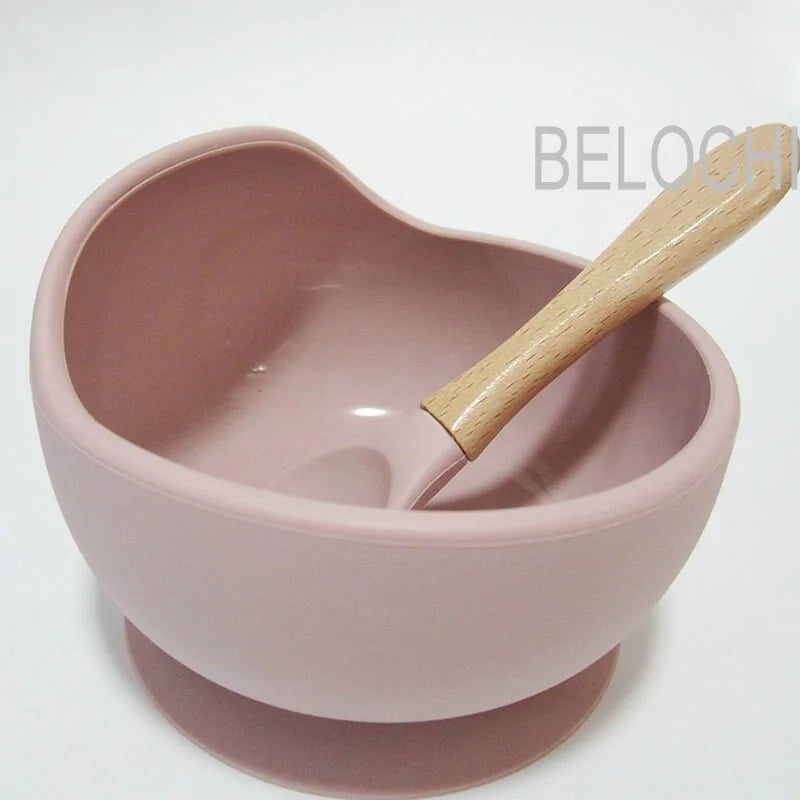 Baby Silicone Feeding Set with Wooden Handle Spoon light Pink