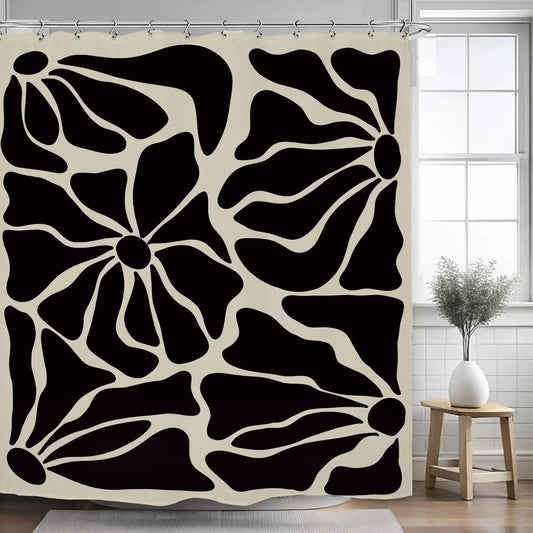 Black Abstract Flower Shower Curtain 60Wx72L Inch Bathroom Set with 12 Hooks - Kia Day Design