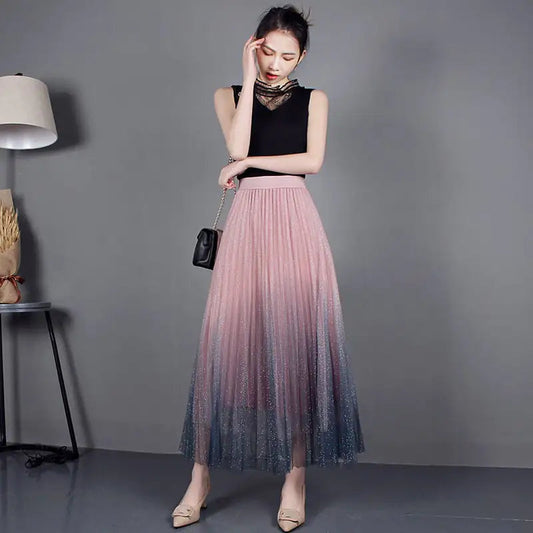 High-Waisted Pleated Skirt with Gradient Mesh Design - Pink One size - skirt