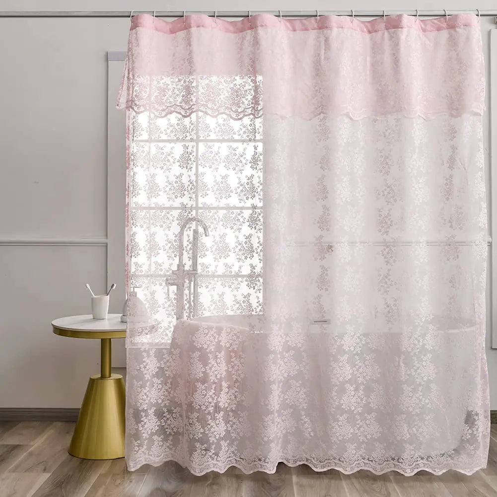 Floral Pink Lace Shower Curtain with Attached Valance - Kia Day Design