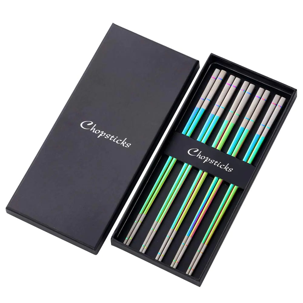 5-pair Stainless Steel Reusable Rainbow Square Chopsticks - - chopsticks