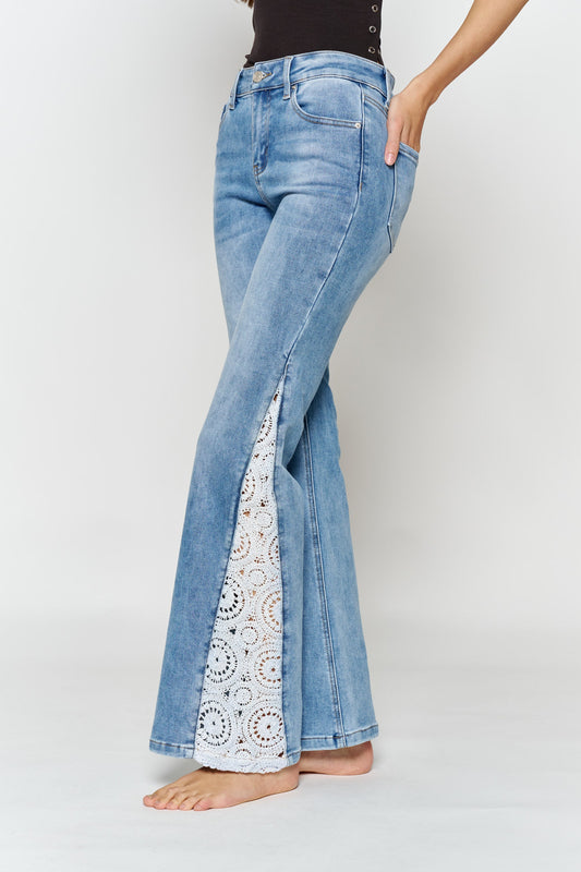 High Rise Wide Leg Jeans with Side Lace Crochet Detail - - Pants