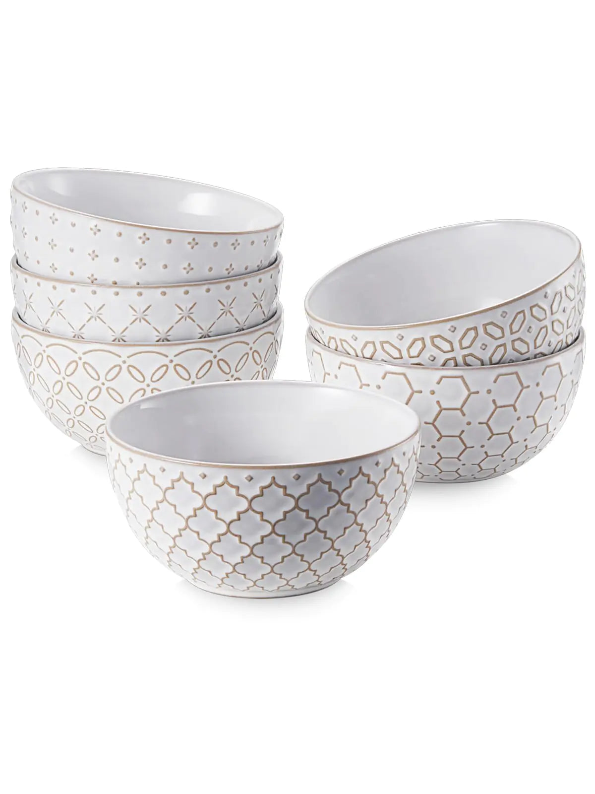 Set of 6 White 4.5 Inch Ceramic Embossment Stoneware Bowls - - bowls