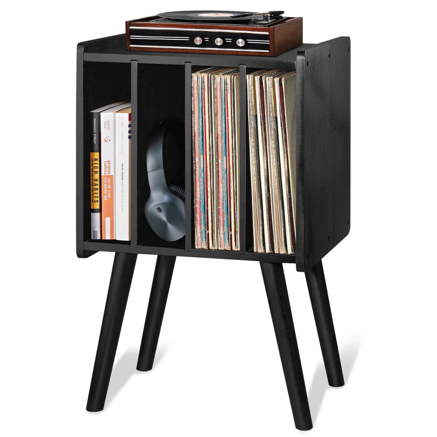 Acacia Wood LP Record Player Stand with 4 Cabinets Holds up to 100 Vinyls - - cabinet