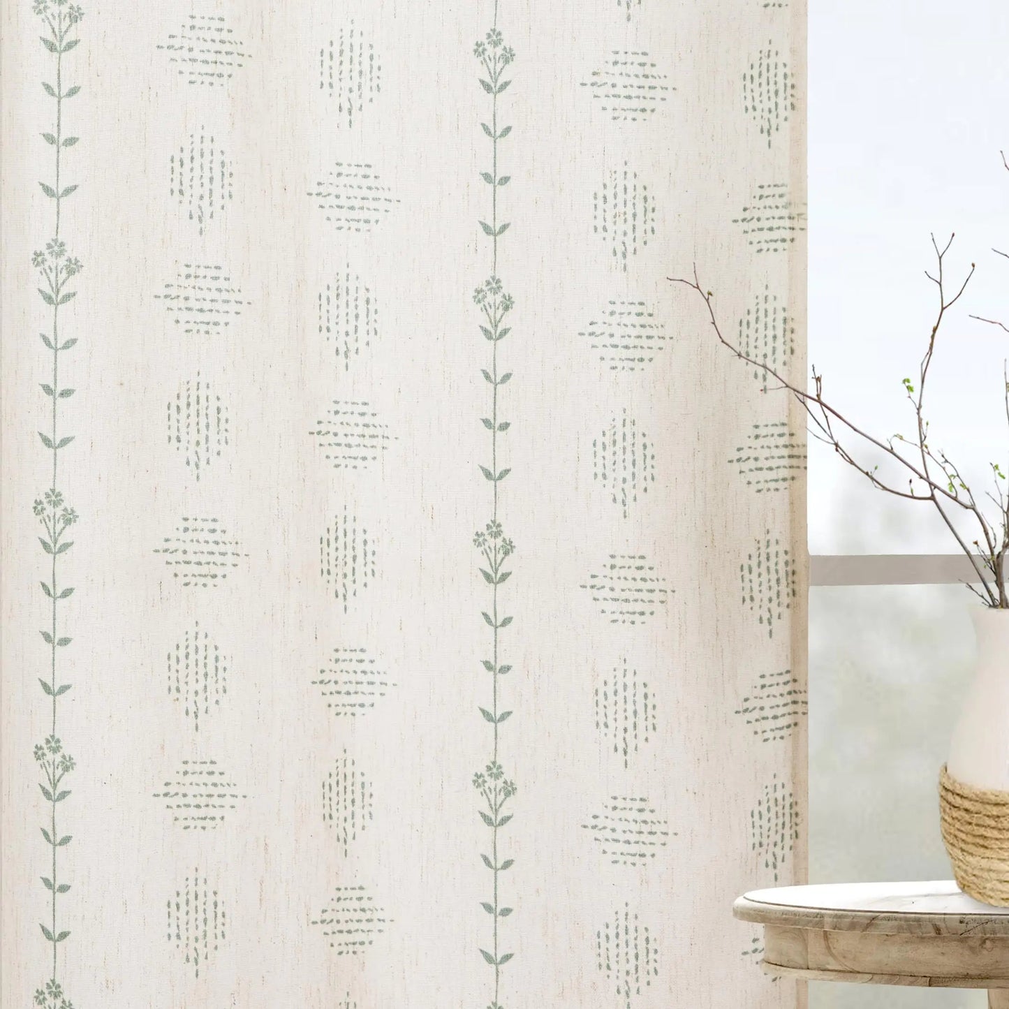 White & Green Vine Pattern Linen Grommet Curtain Set - - curtains