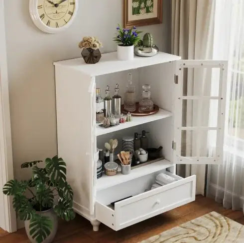 White Double Door Glass Cupboard with Drawer - Kia Day Design