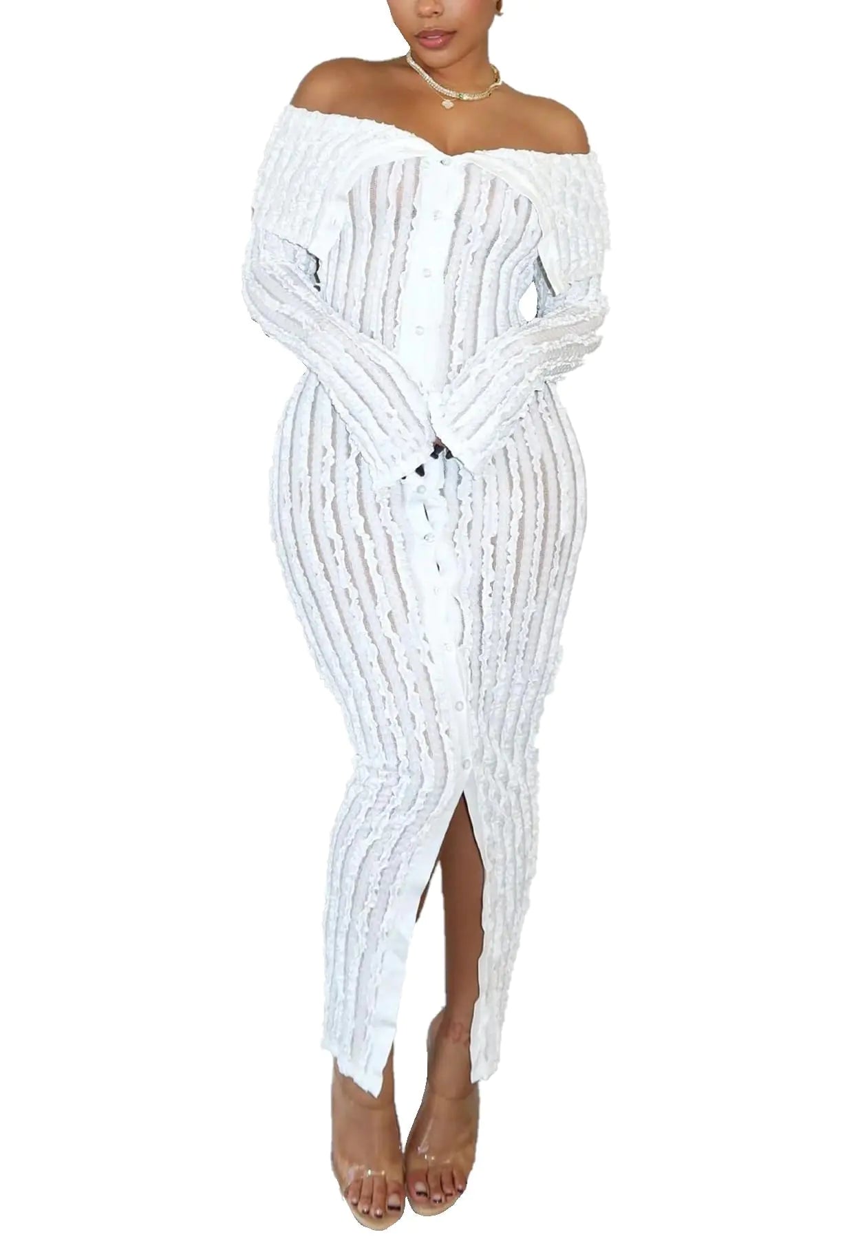 White Bodycon Long Sleeve Off Shoulder Pleated Maxi Dress - - dress